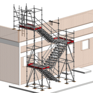 Projeto de acesso através de escadaria externa feito de andaimes em 3D.